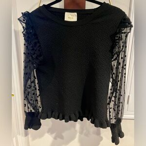 Anthropologie Maeve black textured sweater with polka-dot mesh sleeves